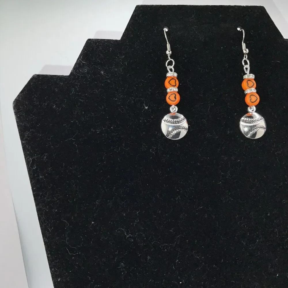 Baseball, Softball W/ Org. Hearts Hook Earrings Shiny Finish Silver PlayBall New
